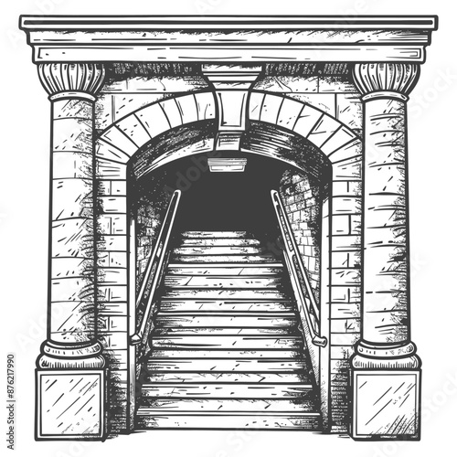 Engraved Illustration: Classical Stone Archway Entrance with Descending Staircase