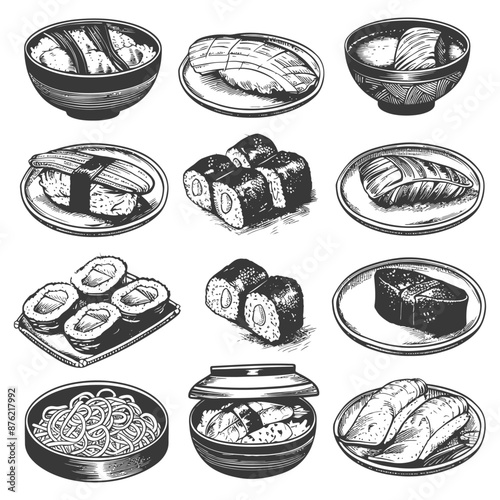 Hand-Drawn Japanese Cuisine: Sushi, Sashimi, and Noodle Dishes Collection