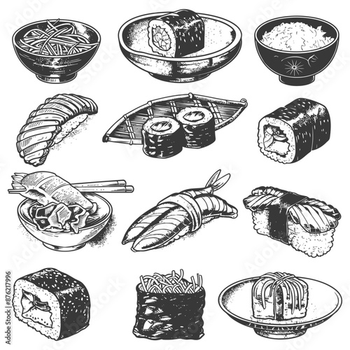 Hand-Drawn Vintage Sushi & Rice Bowl Collection:  Engraved Style Food Illustrations