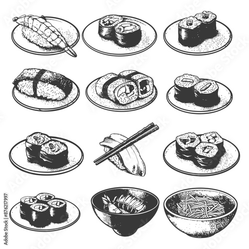 Hand-Drawn Sushi & Noodle Collection: Vintage Sketch Style Illustrations