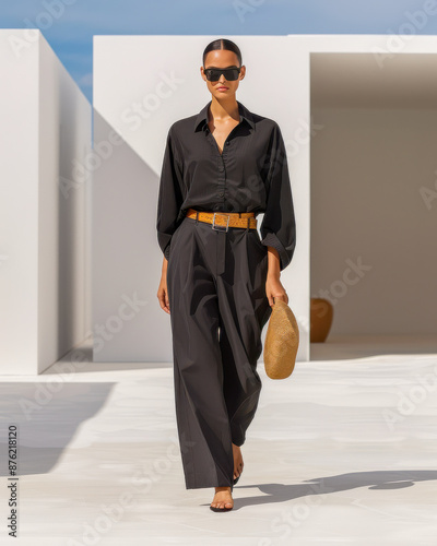 Minimalist Chic: Black Shirt and Wide Leg Pants Outfit