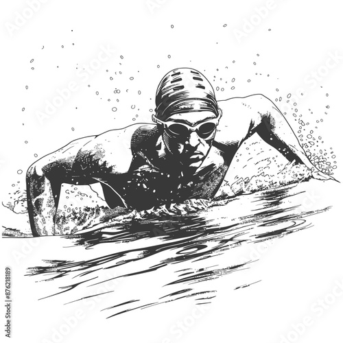 Engraved Illustration: Determined Swimmer's Underwater Glide