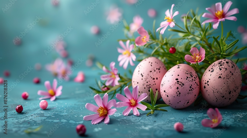 happy easter greeting card flat lay composition,elegant easter eggs,flowers on blue background.photo happy easter greeting card flat lay composition,elegant easter eggs,flowers on blue background.photo