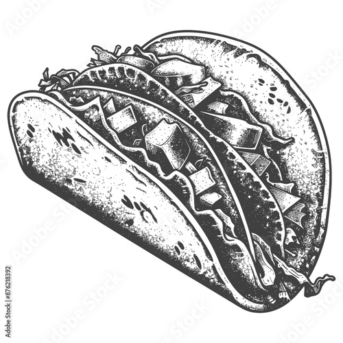 Detailed black and white illustration of a taco with various fillings