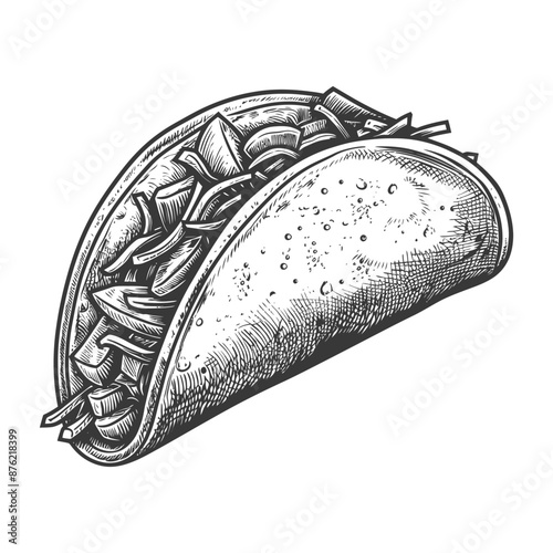 Detailed hand-drawn illustration of a taco with various fillings