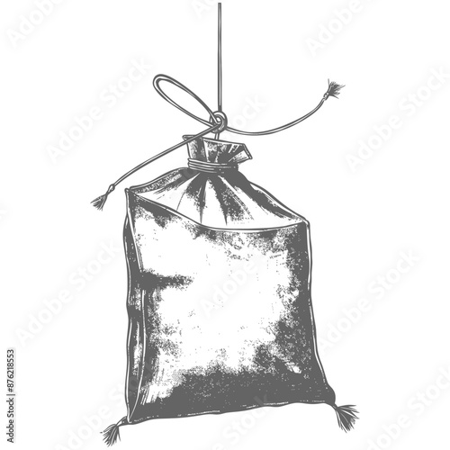 Detailed drawing of a hanging burlap sack with a rope