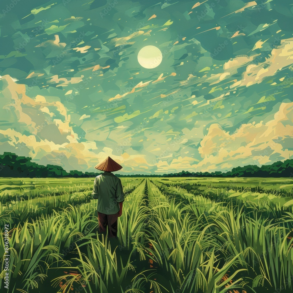 Fototapeta premium Serene Farmer Inspecting Rice Field Under the Sun