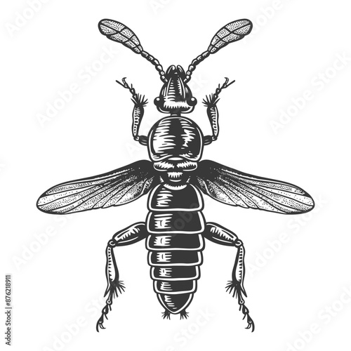 Detailed black and white line drawing of a parasitic wasp