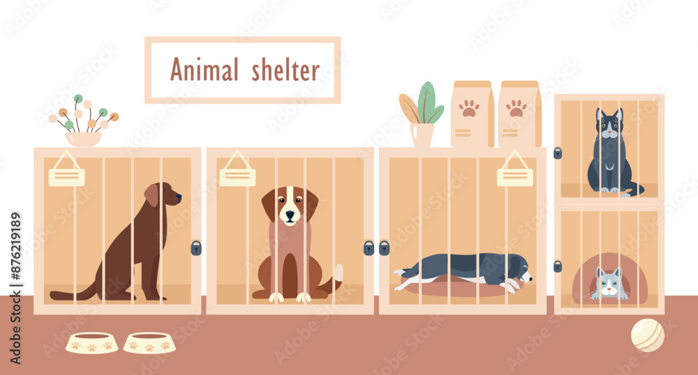 Animal shelter with cages and pets. Caged dogs and cats waiting for adoption. Dog adoption or pet rescue center. Charity and donation, volunteering help concept. Vector illustration.