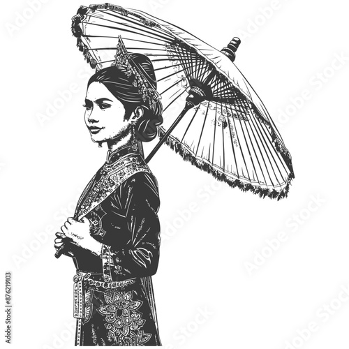 Thai women wearing Chut Thai with umbrella