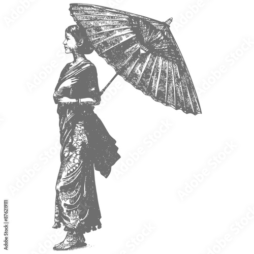 Thai women wearing Chut Thai with umbrella
