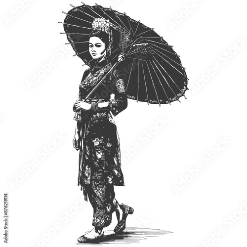 Thai women wearing Chut Thai with umbrella