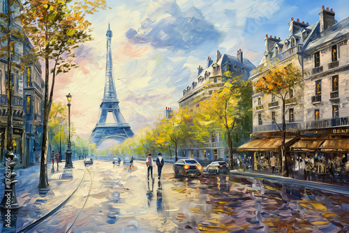 oil painting with palatte knife style of Paris street landscape location