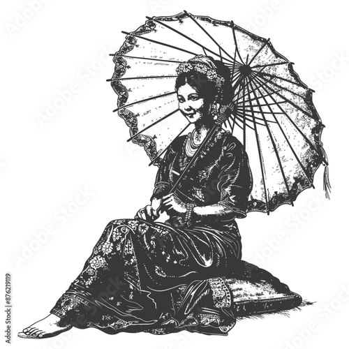 Thai women wearing Chut Thai with umbrella