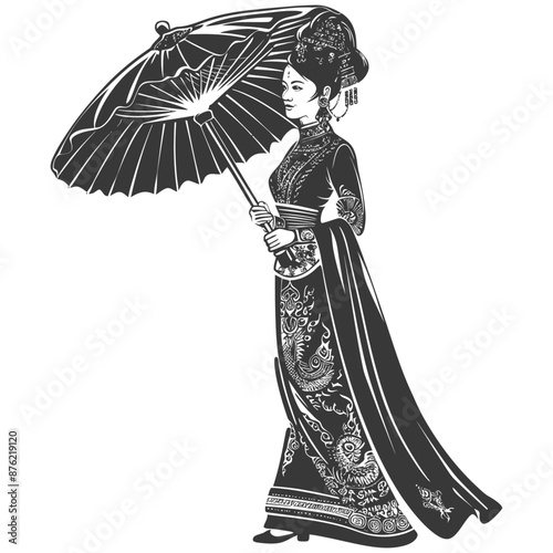 Thai women wearing Chut Thai with umbrella