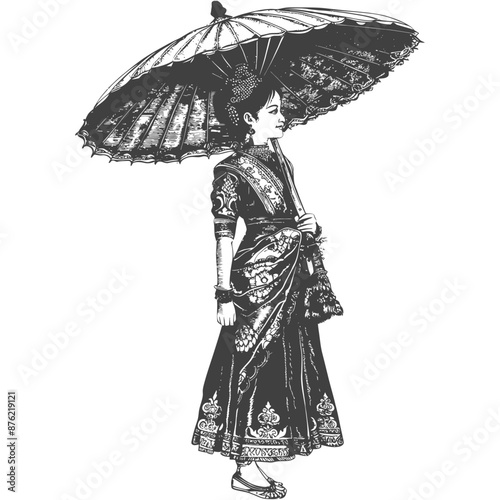 Thai women wearing Chut Thai with umbrella
