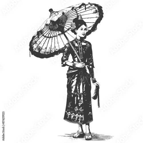 Thai women wearing Chut Thai with umbrella