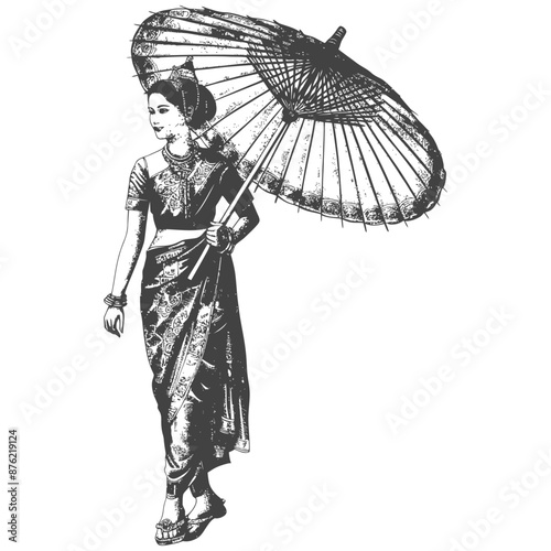 Thai women wearing Chut Thai with umbrella