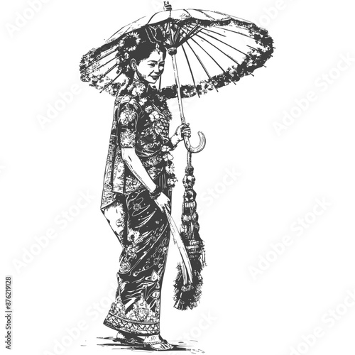 Thai women wearing Chut Thai with umbrella