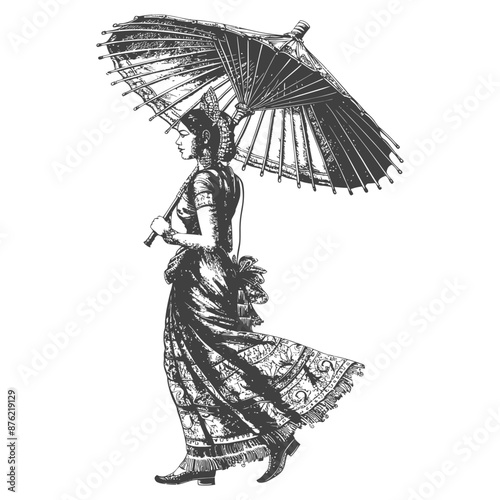 Thai women wearing Chut Thai with umbrella