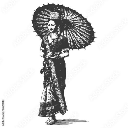 Thai women wearing Chut Thai with umbrella