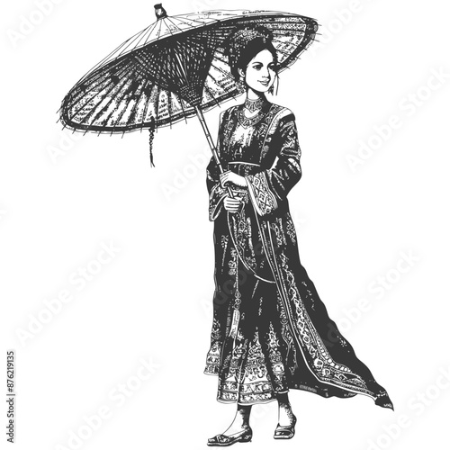 Thai women wearing Chut Thai with umbrella