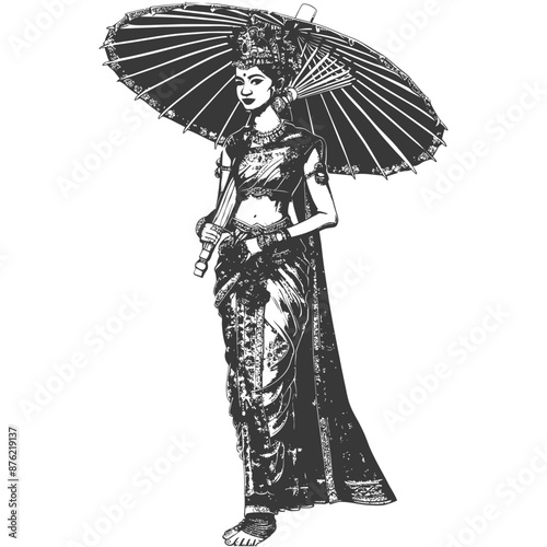 Thai women wearing Chut Thai with umbrella
