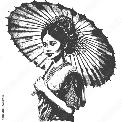 Thai women wearing Chut Thai with umbrella