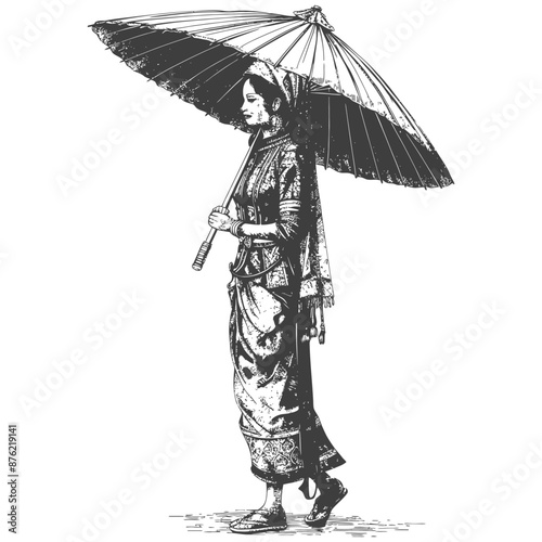 Thai women wearing Chut Thai with umbrella