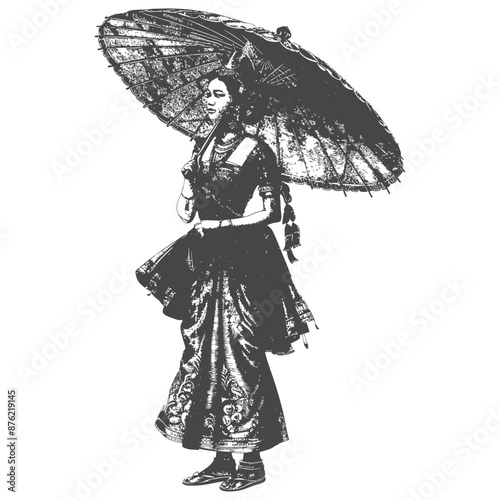 Thai women wearing Chut Thai with umbrella