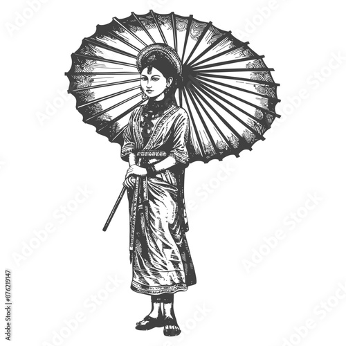 Thai women wearing Chut Thai with umbrella