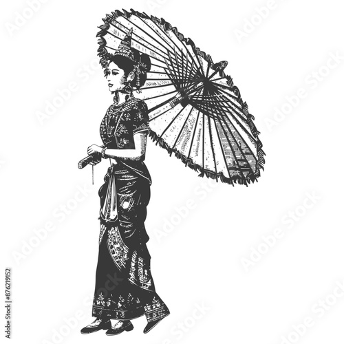 Thai women wearing Chut Thai with umbrella