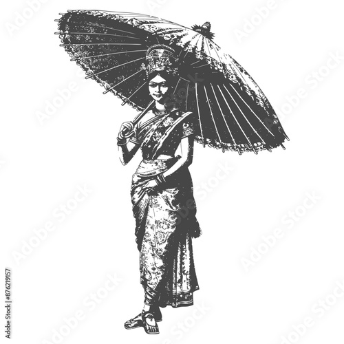 Thai women wearing Chut Thai with umbrella