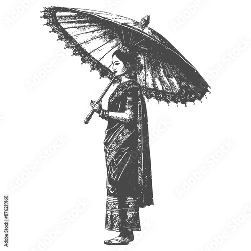 Thai women wearing Chut Thai with umbrella