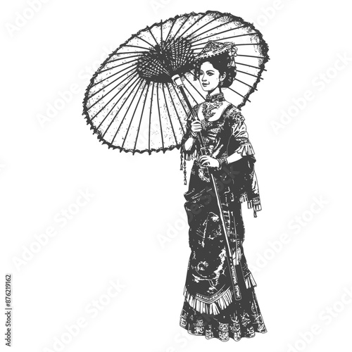 Thai women wearing Chut Thai with umbrella