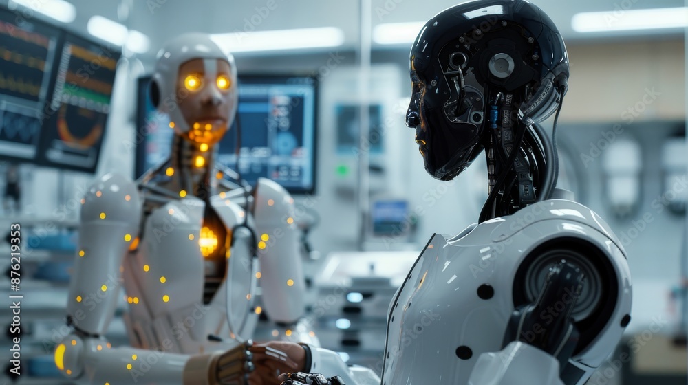 Fototapeta premium a robot doctor is consulting with a patient, symbolizing AI replacing medical professionals. 