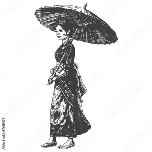 Thai women wearing Chut Thai with umbrella
