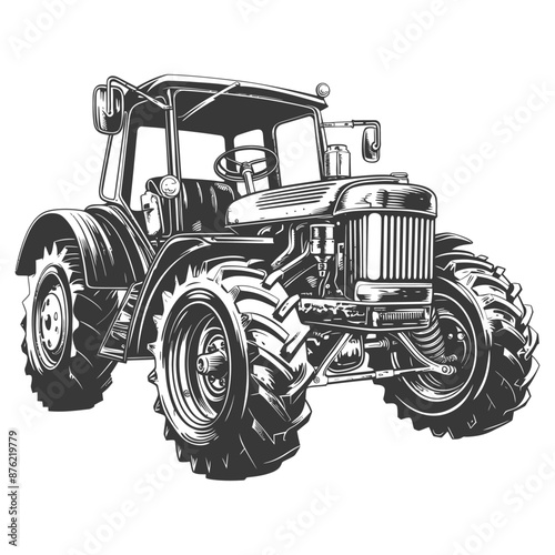 Detailed black and white line drawing of a vintage tractor