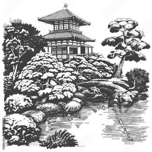 Traditional Japanese Garden with Golden Pavilion and Trees