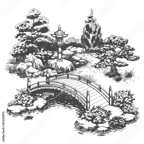 Detailed sketch of a traditional oriental garden with a bridge over a pond