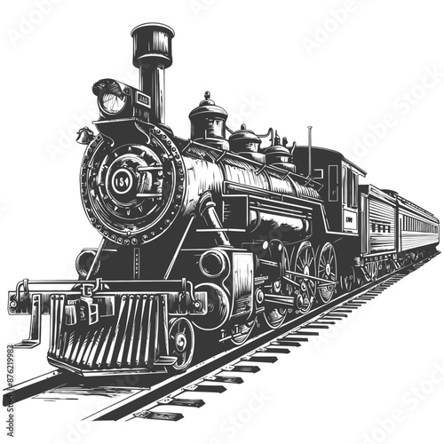 Vintage steam locomotive train with passenger cars illustration