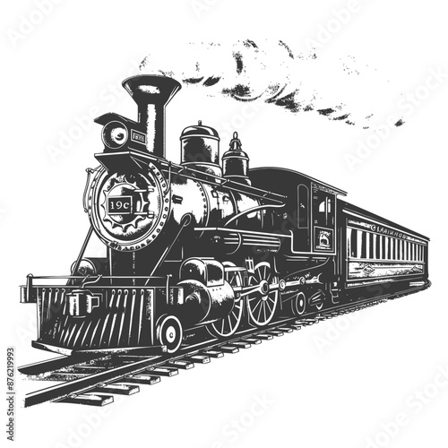 Detailed illustration of a vintage steam locomotive with passenger cars
