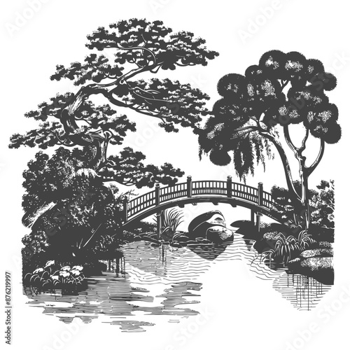 Detailed etching of a picturesque oriental garden with a bridge over a pond