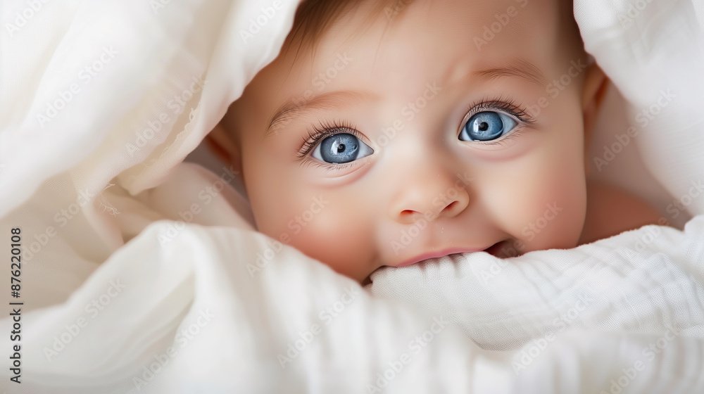 Adorable Baby with Blue Eyes Wrapped in a White Blanket, Close-Up Adorable Baby with Blue Eyes Wrapped in a White Blanket, Close-Up