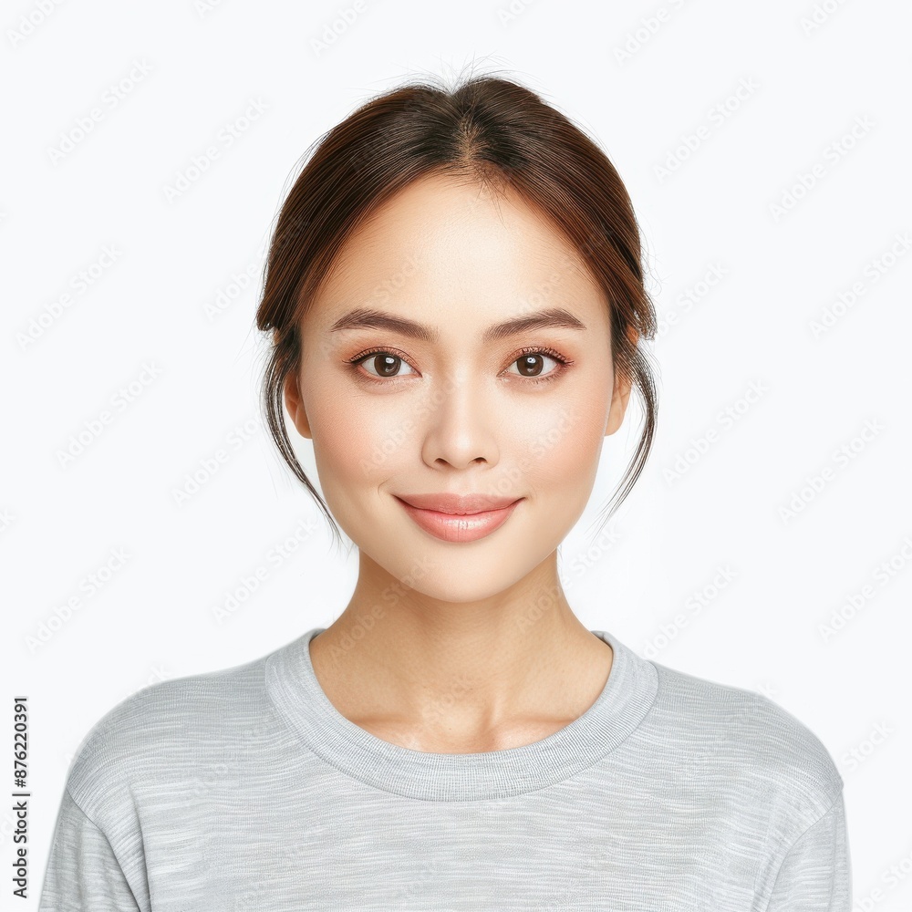 emphasizing her soft and clear complexion, and healthy, perfect skin, isolated on a white background for skincare commercial product advertising, in a high-resolution photographic style emphasizing her soft and clear complexion, and healthy, perfect skin, isolated on a white background for skincare commercial product advertising, in a high-resolution photographic style