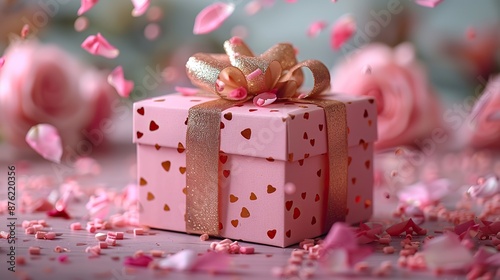 valentine day pink ift box,gold ribbon bow,flying roses petals.stock photo photo