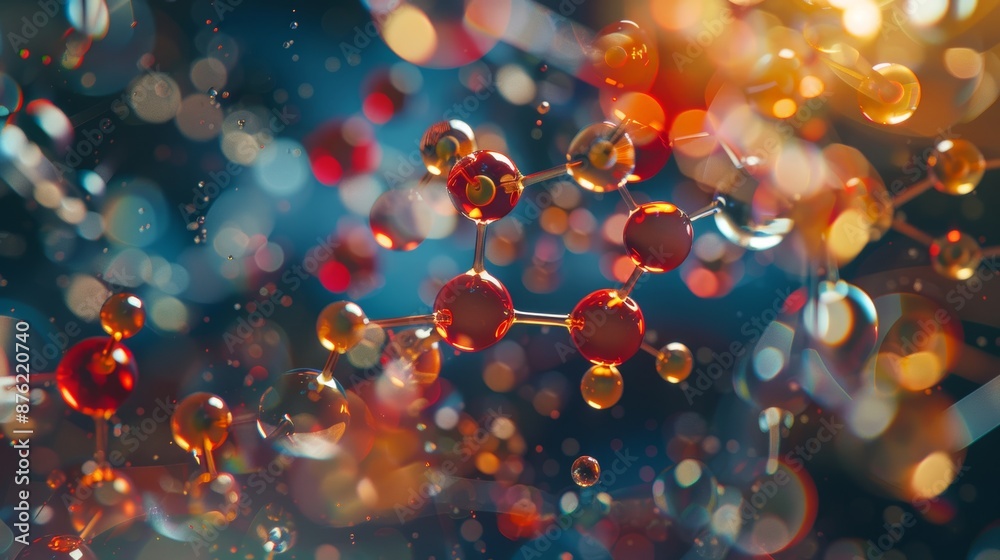 Abstract Molecular Structure With Red And Yellow Spheres Connected By Thin Transparent Lines Against A Blue And Yellow Background With Bokeh Effects Abstract Molecular Structure With Red And Yellow Spheres Connected By Thin Transparent Lines Against A Blue And Yellow Background With Bokeh Effects