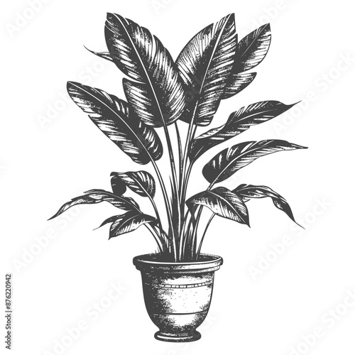 Ornamental Potted Bird of Paradise Plant Detailed Line Drawing