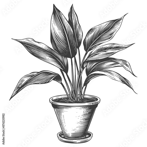 Ornate detailed line drawing of a potted leafy houseplant