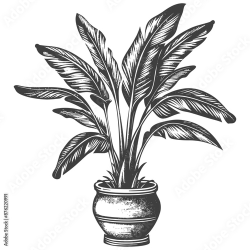 Ornate detailed sketch of a potted bird of paradise plant photo